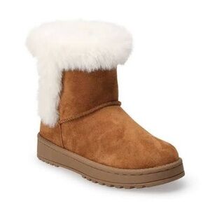 Kids Chestnut Suede Boot with White Faux-Fur Cuff